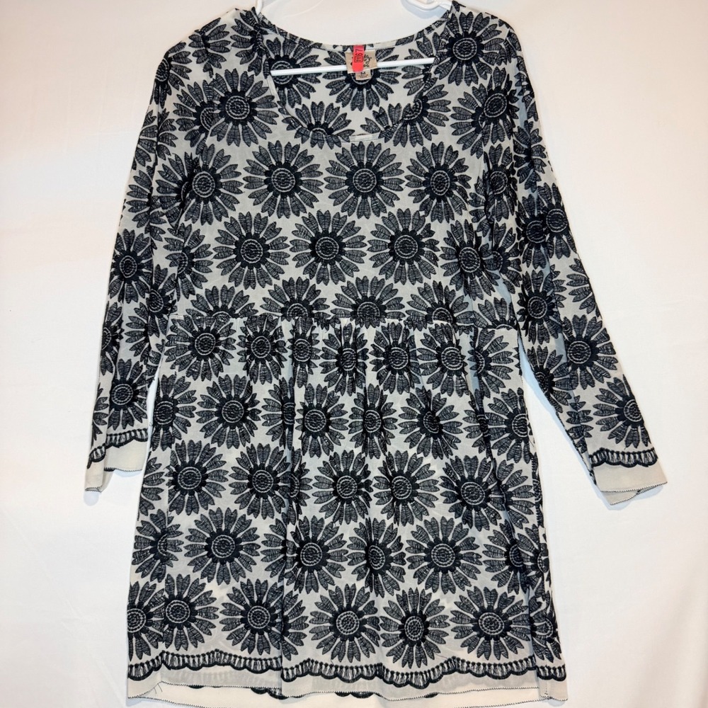 Ivy Jane Womens Black Cream Sunflower Embroidered Long Sleeve Mini Dress Medium
